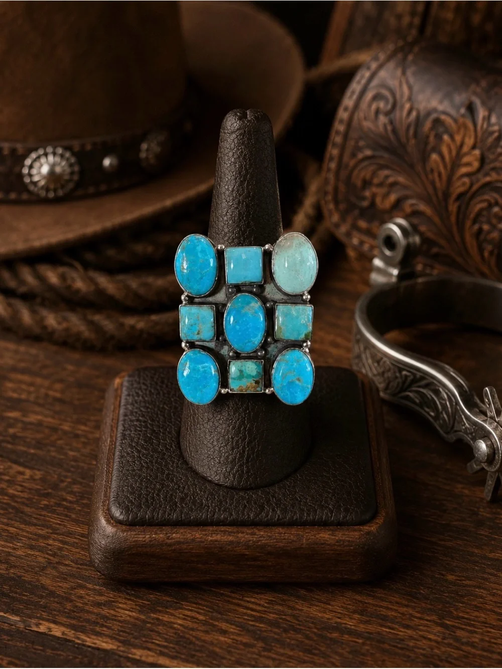 Large Sterling Silver Kingman Turquoise Cluster Statement Ring - Blue